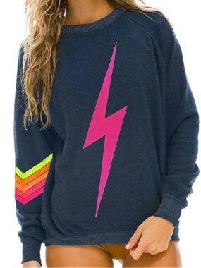 Aviator Nation navy and pink lightning bolt crew neck